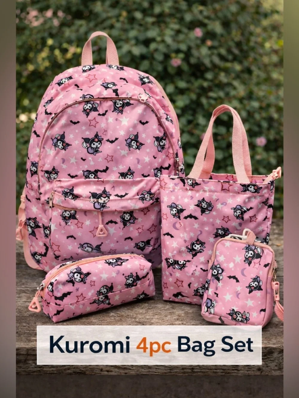 Kuromi 4pc set small zipper tote, phone cross body, zipper pouch, & pencil case